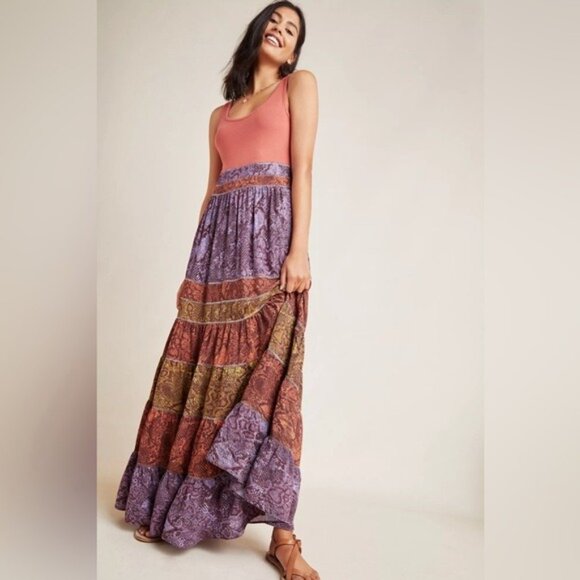 Anthropologie Colima Tiered Maxi Dress MEDIUM Boho Print Pink Purple Sleeveless